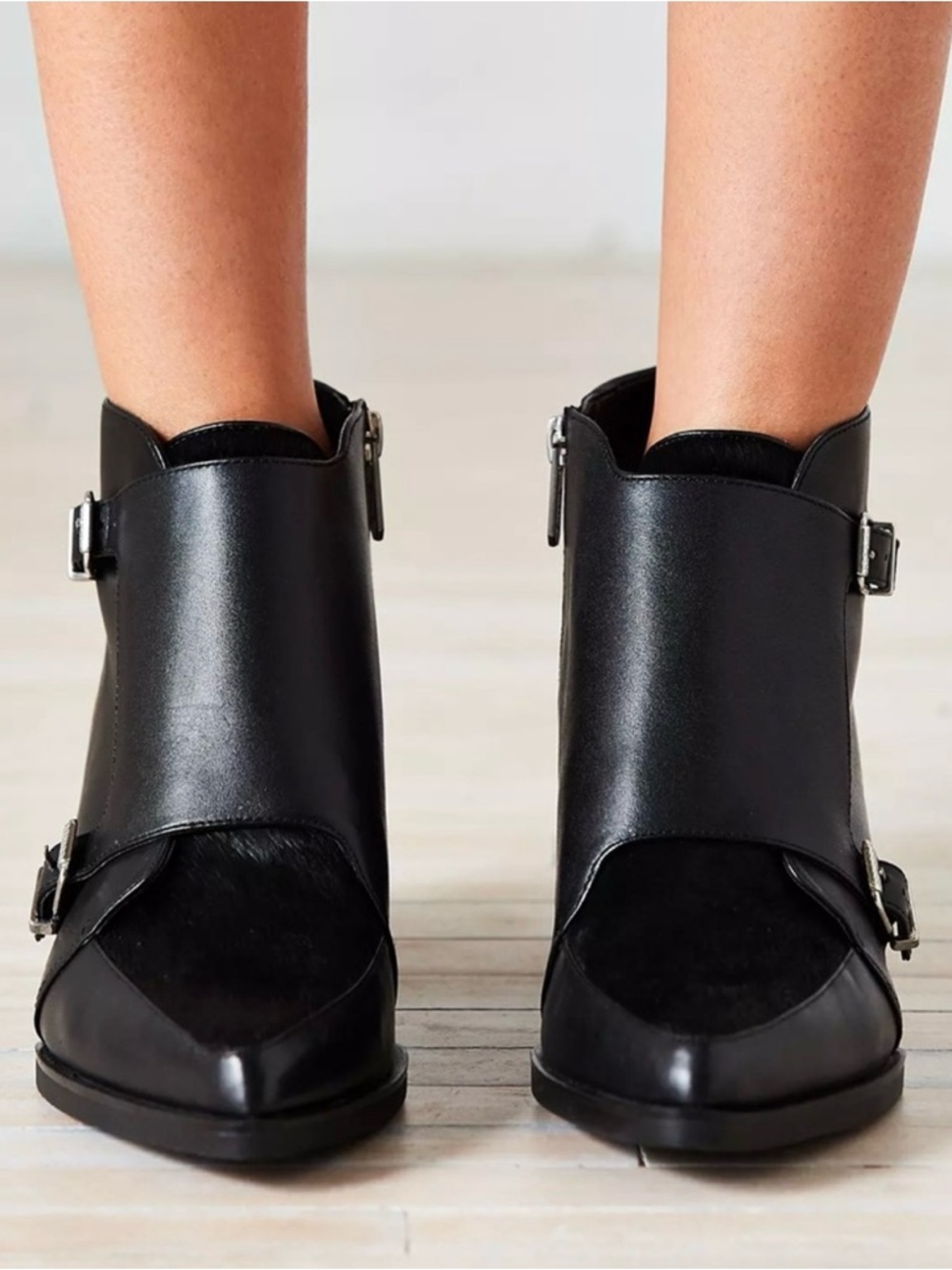 Sam Edelman Circus Reese Monk Strap Booties 8 Black Silver Buckle Pointed Toe - Picture 13 of 15